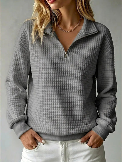 🎉 Ekskluzywna oferta dla członków | ✨ Damska bluza z kołnierzykiem i zamkiem – luźny wygodny krój, elegancka kraciasta faktura i młodzieżowy styl na co dzień