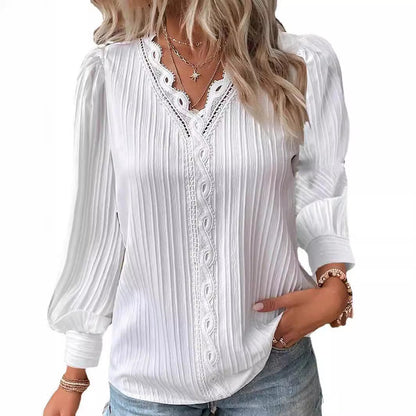 🎉 Ekskluzywna oferta dla członków | Elegancka damska jesienna bluzka zaprojektowana dla dojrzałych kobiet z koronkowym zdobieniem i dekoltem V